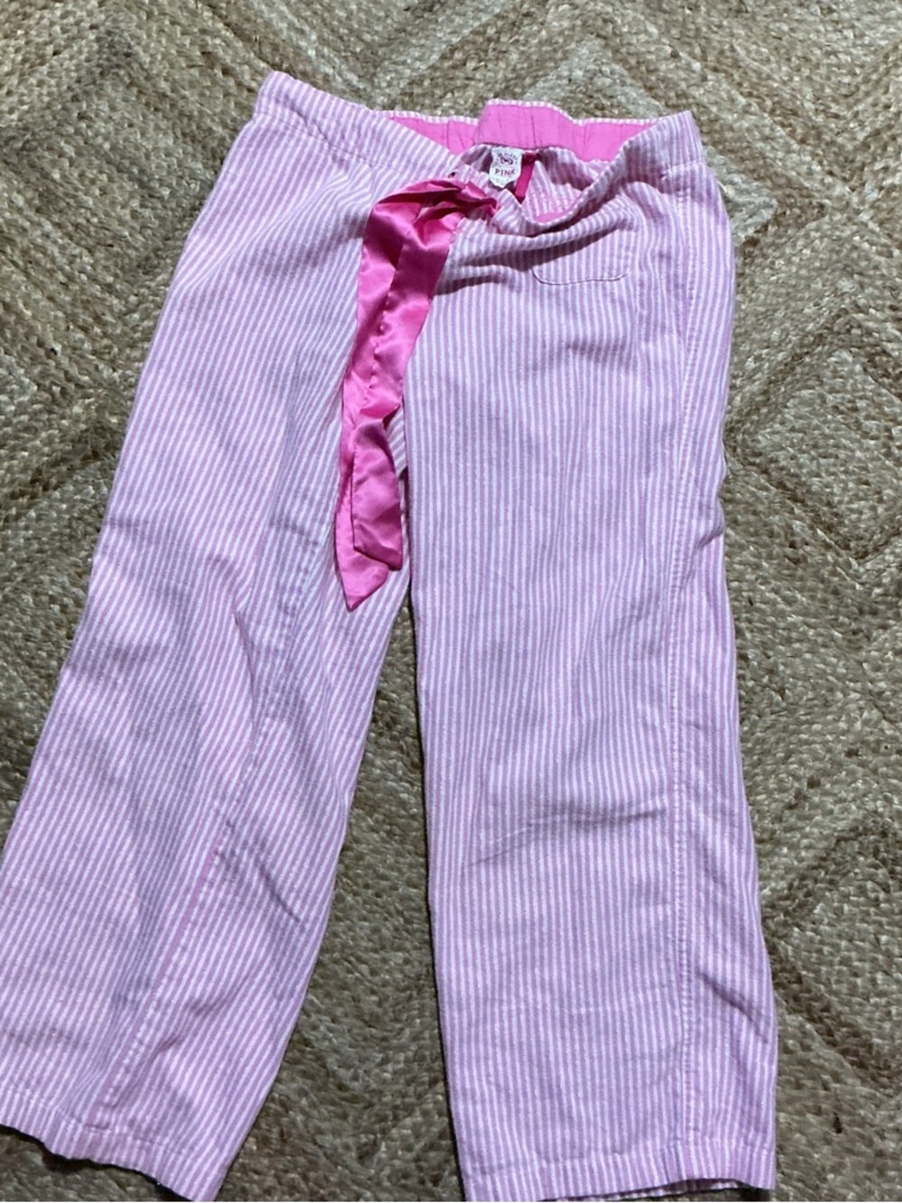 PINK Victoria's Secret Pink and White Striped Pajama Pants with Satin Waist Tie